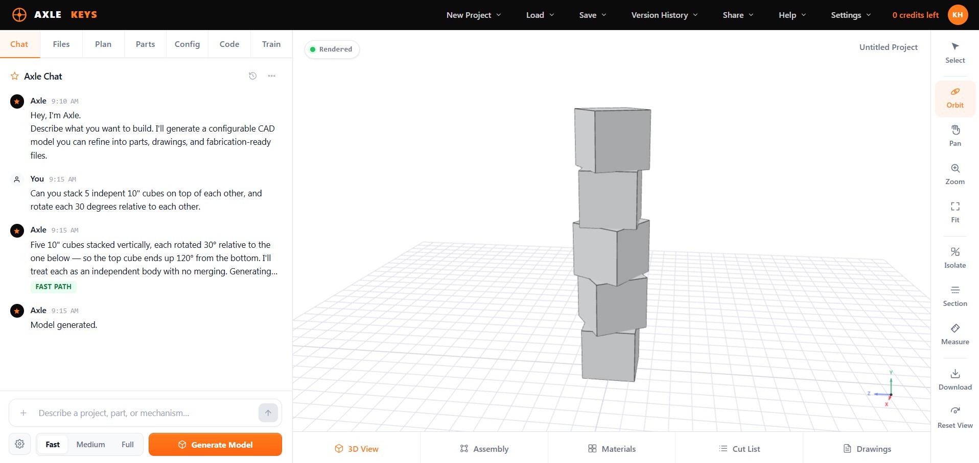 Axle Keys Studio — parametric CAD chat interface