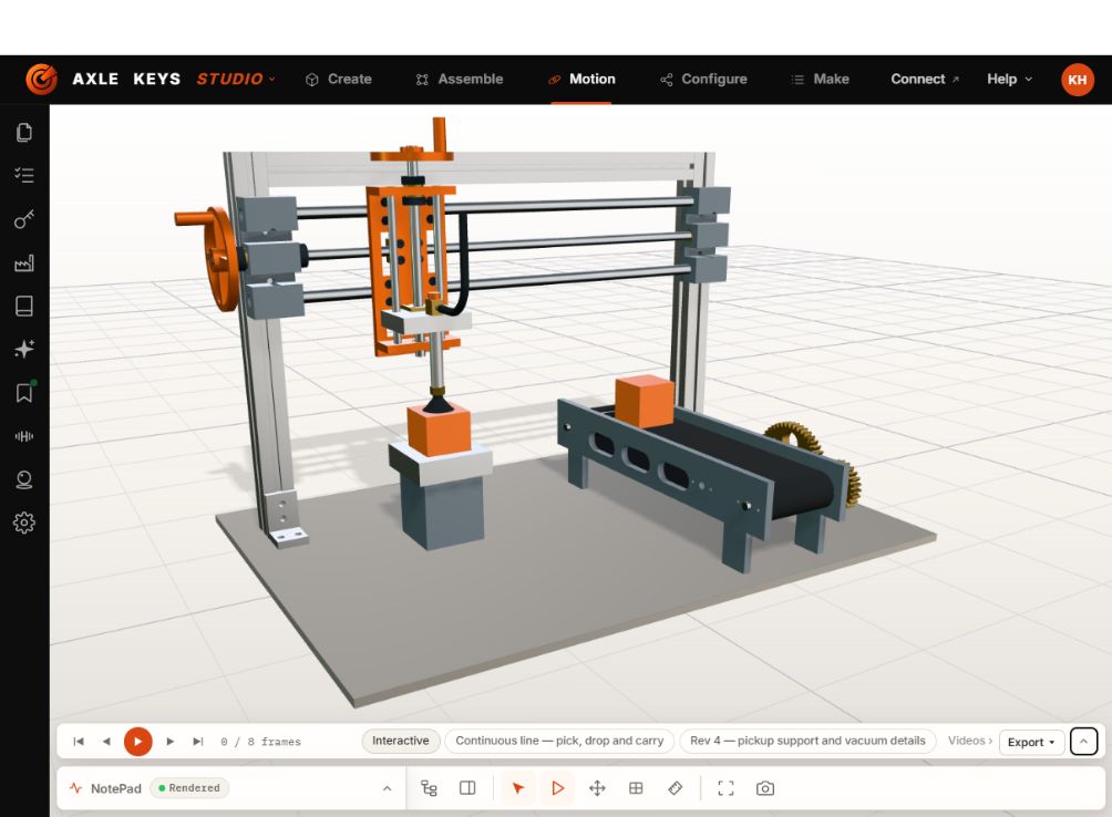 Detail of the Machine's orange gantry, guide rails, and vacuum pickup above a work cube.