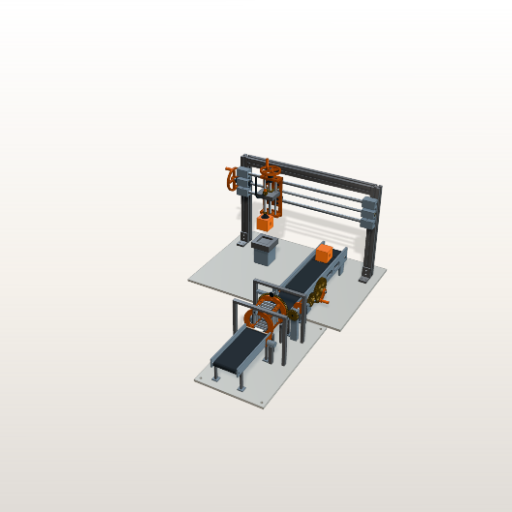 The Axle Machine in Studio, with its orange pick-and-place gantry and connected conveyors.